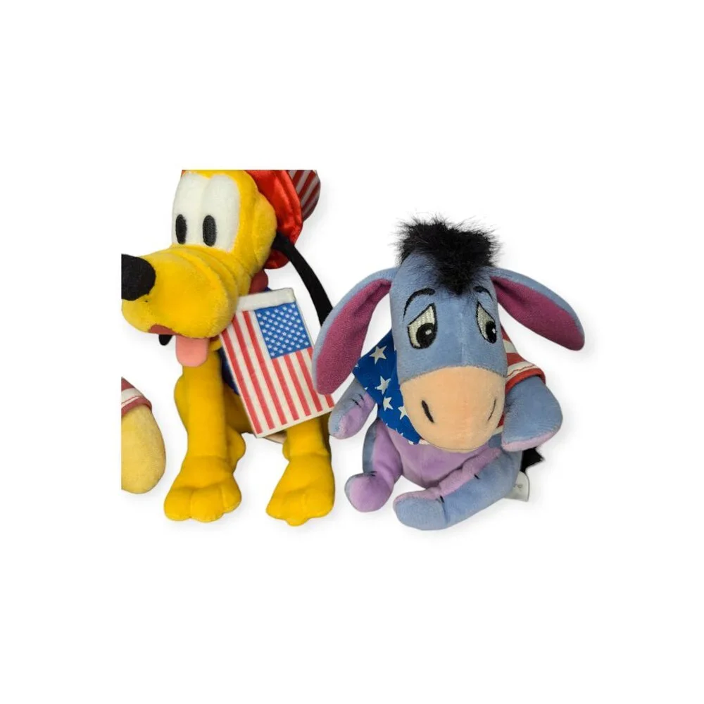 Vintage Disney Store Patriotic Beanie Plush Characters Pluto, Pooh & Eeyore